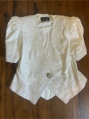 Julie Duroche 1980s Bridal Jacket and Skirt: White, Embellished, Size 12